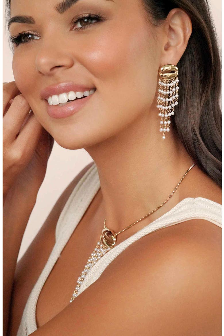 Mykonos Shell Faux Pearl Fringe Drop Earrings, Alternate, color, GOLD