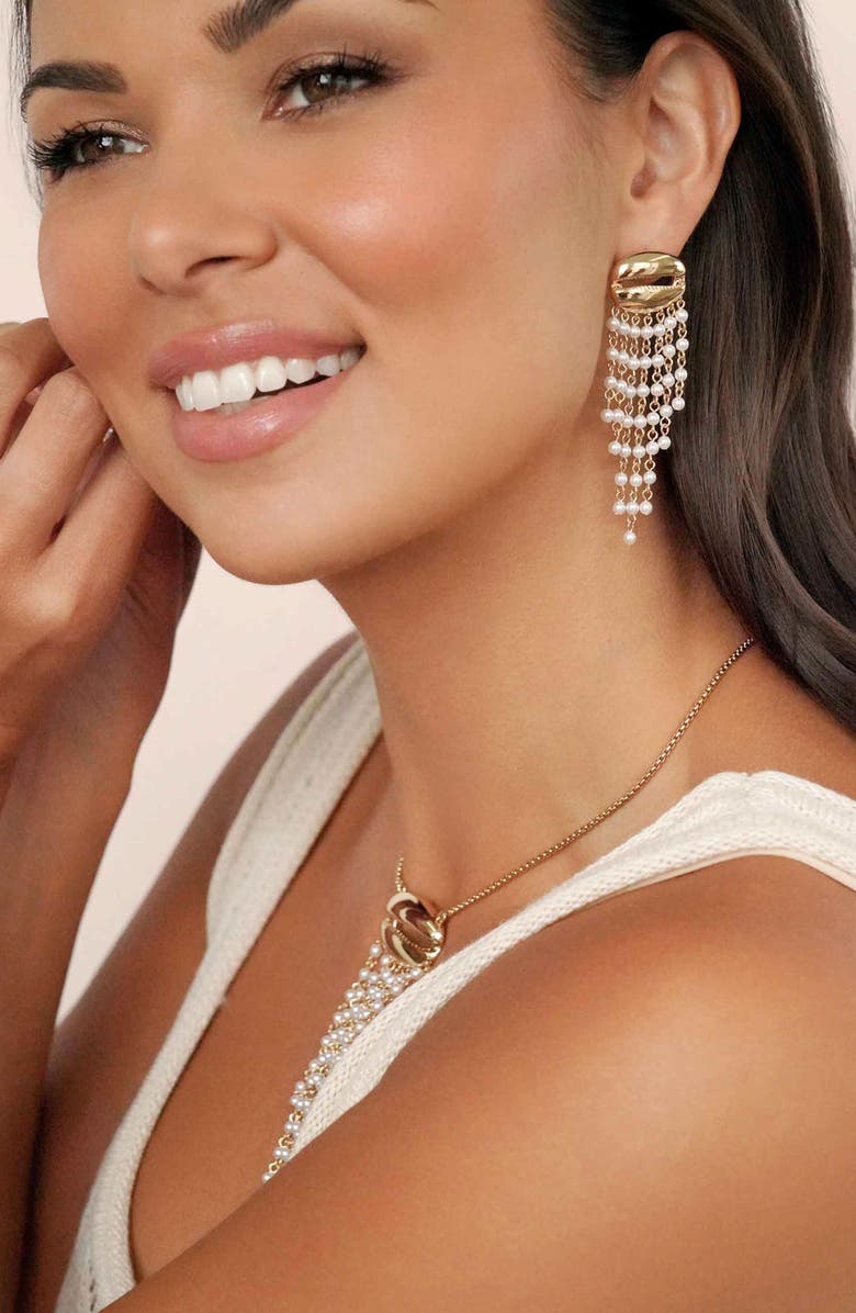 Ettika Mykonos Shell Faux Pearl Fringe Drop Earrings, Alternate, color, Gold