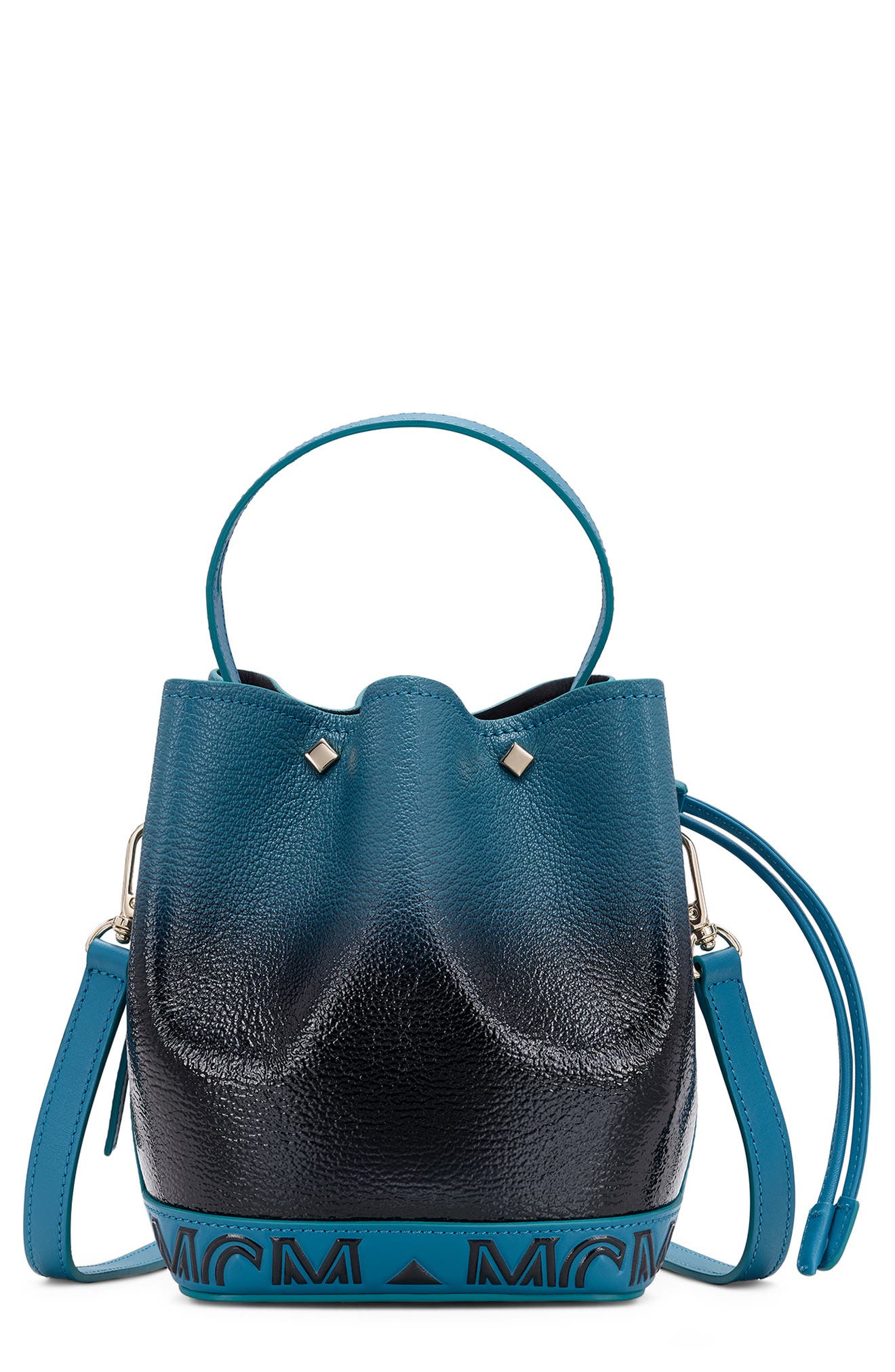 MCM Milano Logo Gradient Patent Goatskin Leather Bucket Bag, Main, color, 