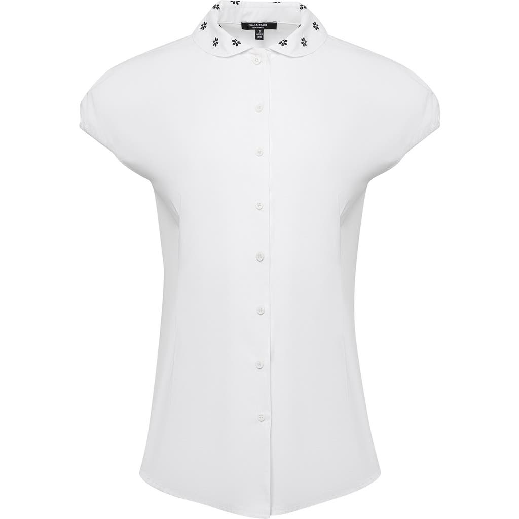 Isaac Mizrahi New York Embroidered Collar Cap Sleeve Button-up Shirt In White/black