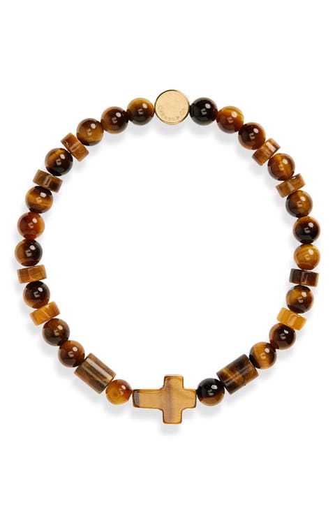 Men's Semiprecious Stone Cross Beaded Stretch Bracelet