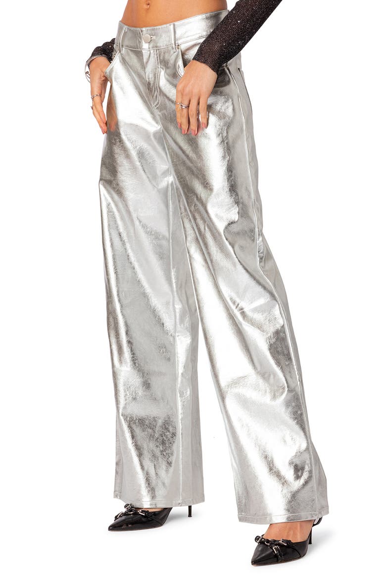 Kim Metallic Faux Leather Pants, Alternate, color, SILVER