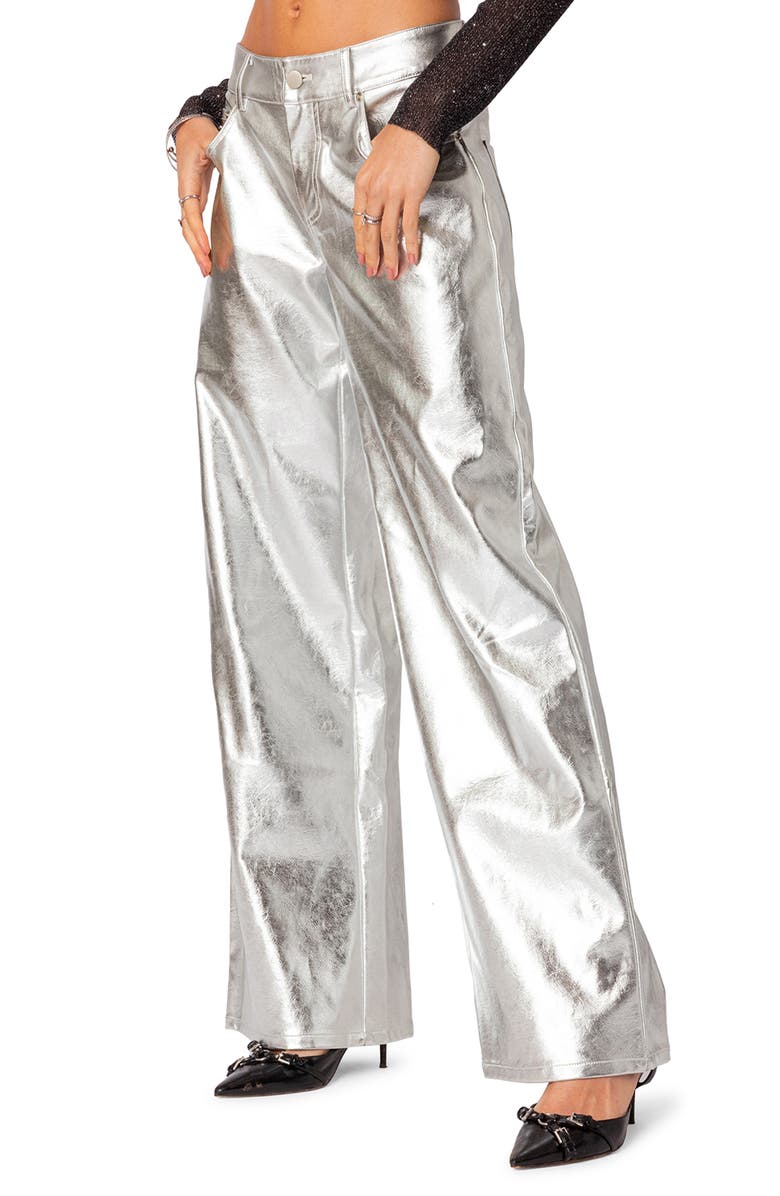EDIKTED Kim Metallic Faux Leather Pants, Alternate, color, Silver