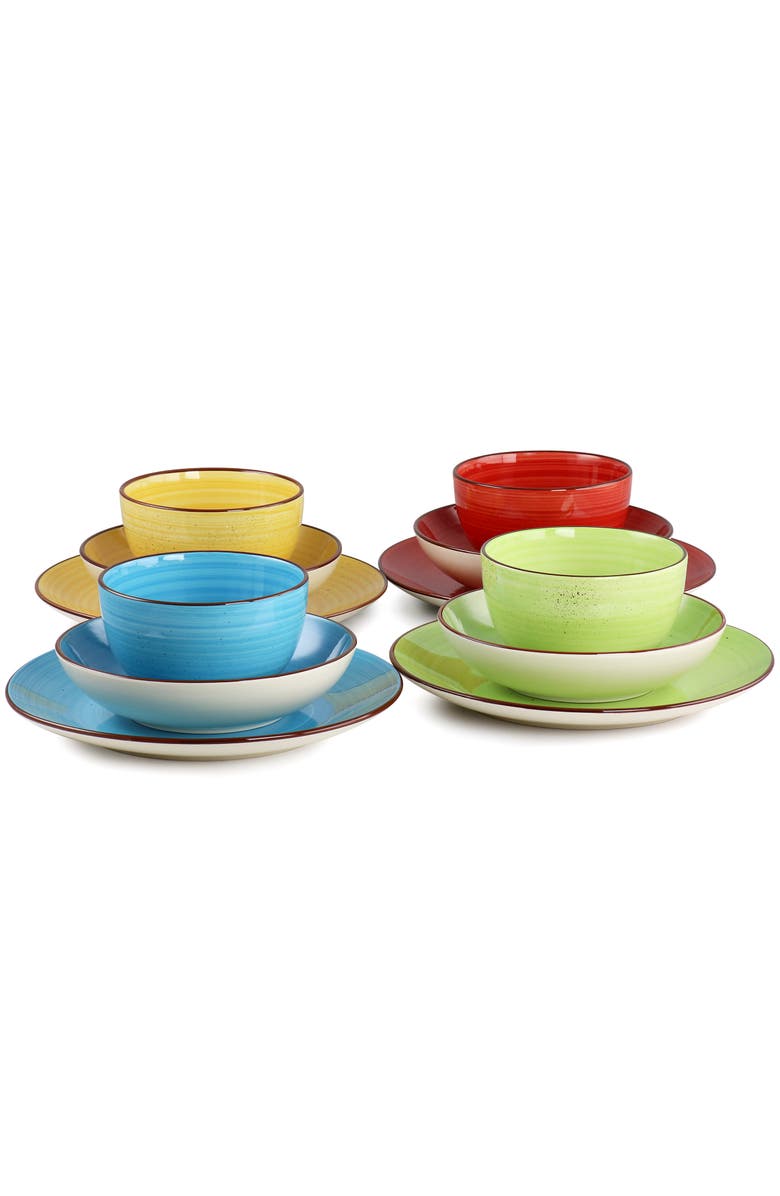 Elama Mason 12 Piece Double Bowl Stoneware Dinnerware Set, Alternate, color, Yellow