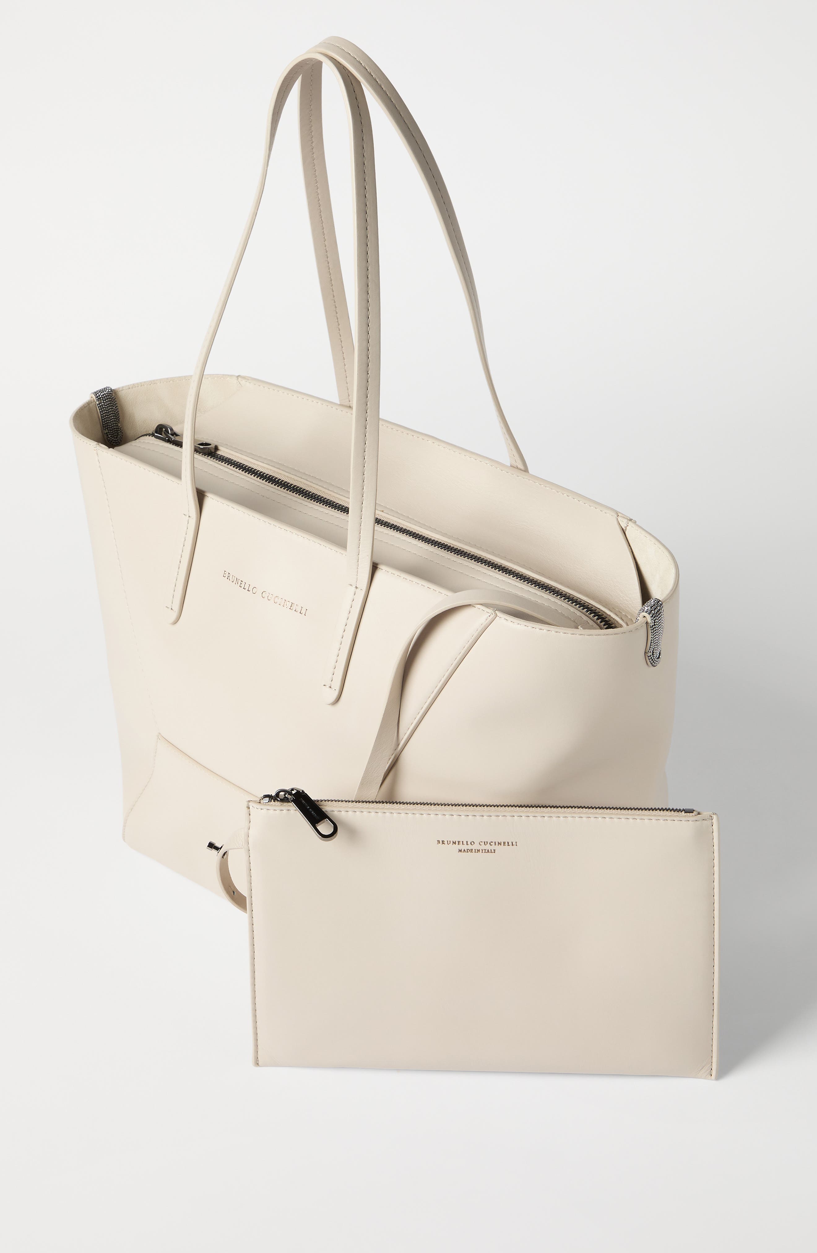 Brunello Cucinelli Calfskin small BC Duo bag, Alternate, color, Ivory