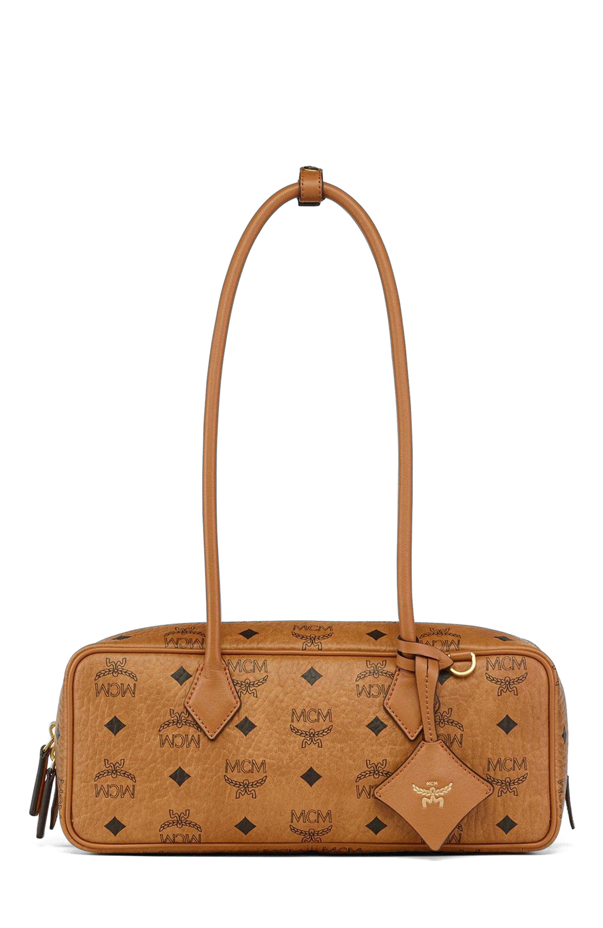 MCM Small Aren East West Shoulder Bag in Visetos, Main, color, Cognac