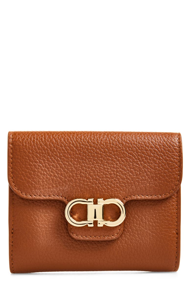 Double Gancio Leather Compact Wallet, Main, color, NEW COGNAC/T.MORO