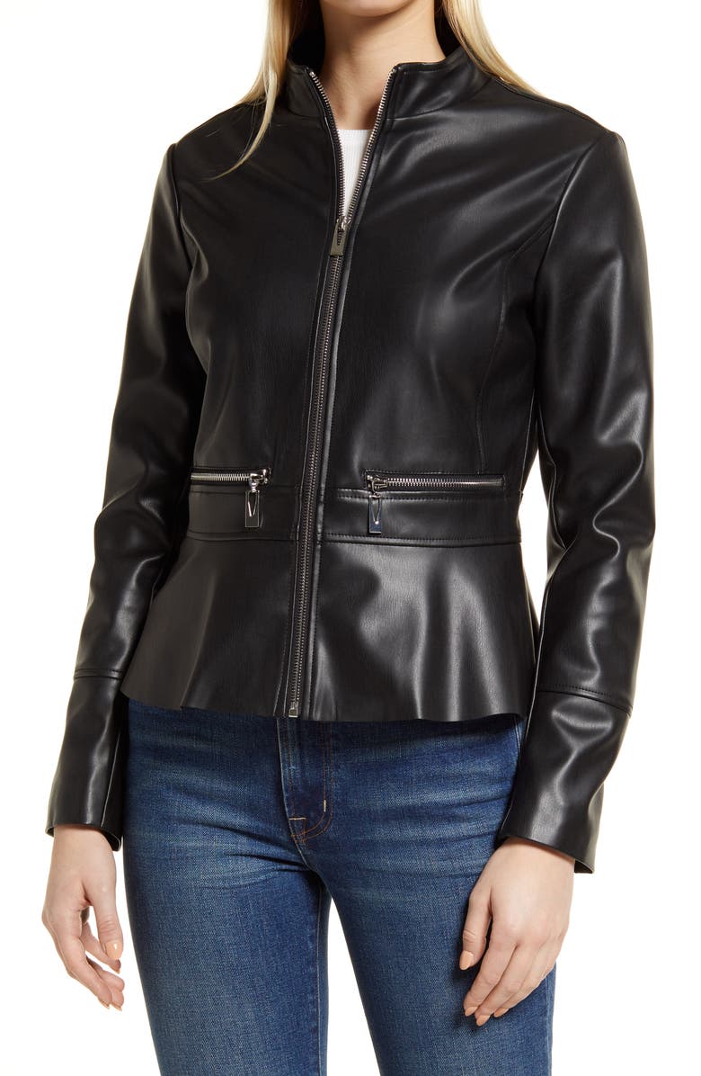Via Spiga Faux Leather Peplum Jacket, Alternate, color, 