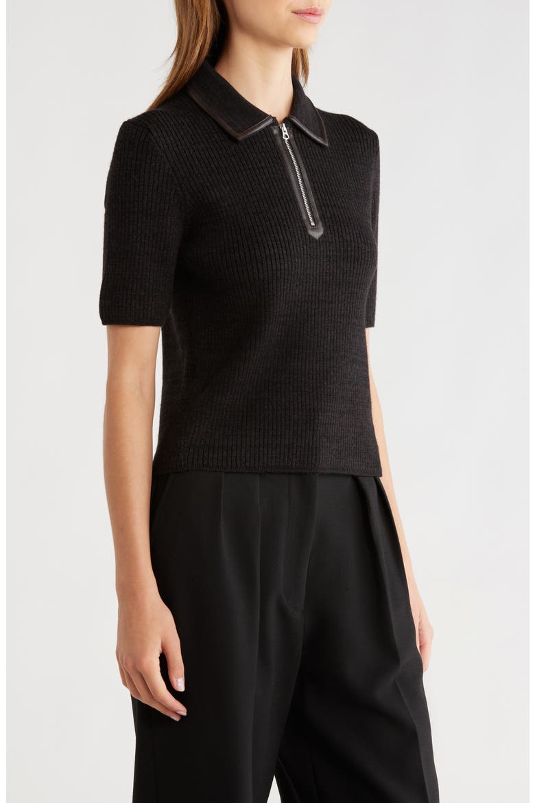 Caterina Faux Leather Piped Rib Wool Blend Sweater Polo, Alternate, color, DKBRN