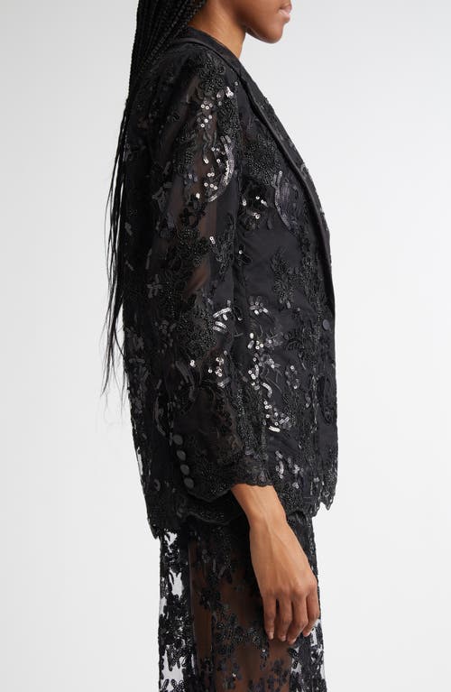 Alice And Olivia Judith Embellished Sheer Lace Notch Collar Blazer In Black