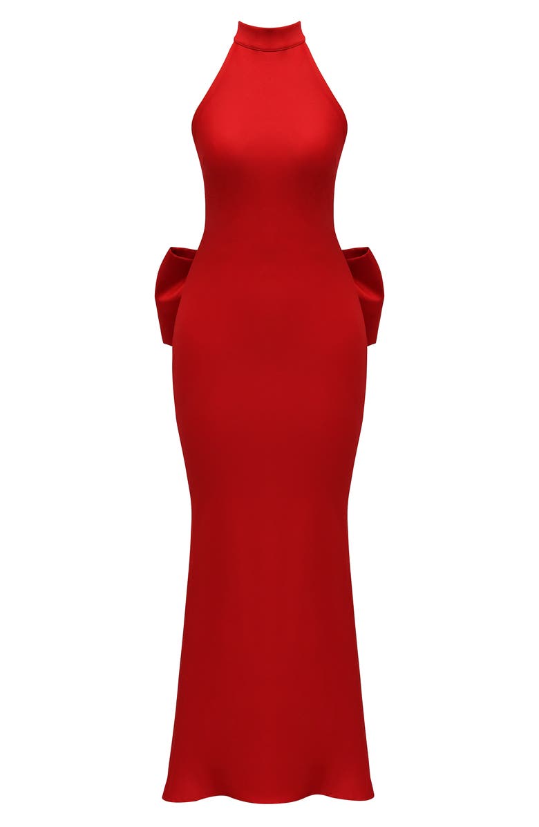 HOUSE OF CB Ilaria Backless Bow Halter Dress, Alternate, color, Red