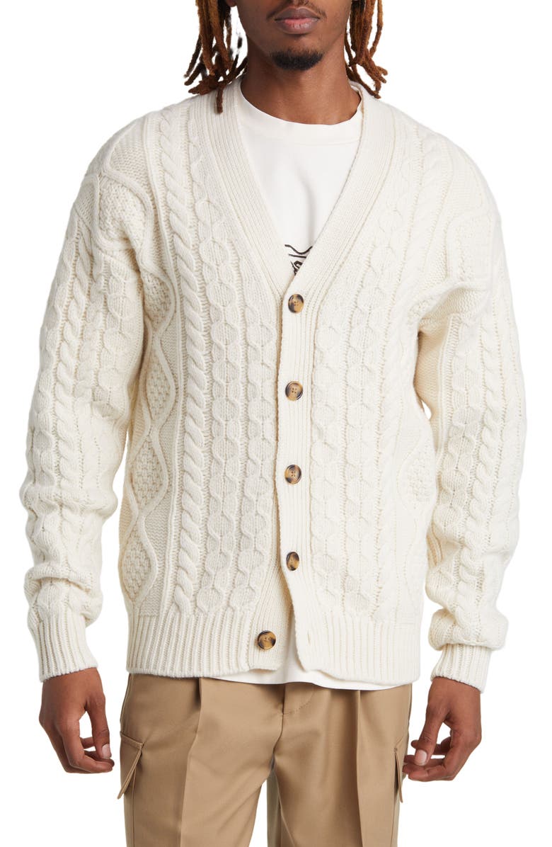 Drôle de Monsieur Cable Stitch Wool V-Neck Sweater, Alternate, color,