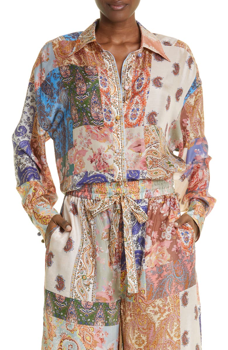 Zimmermann Devi Paisley Oversize Silk Button-Up Shirt, Main, color,