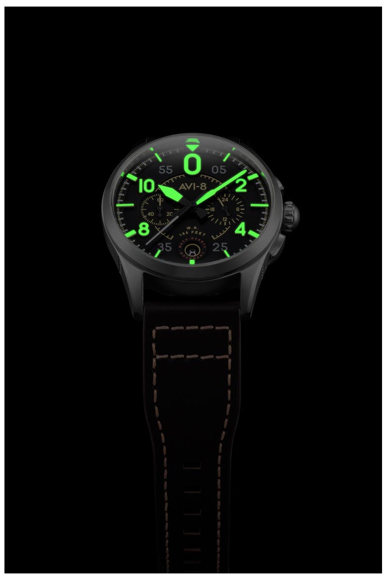 Spitfire Lock Midnight Oak Dial Chronograph Leather Strap Watch, 42mm, Alternate, color, BLACK