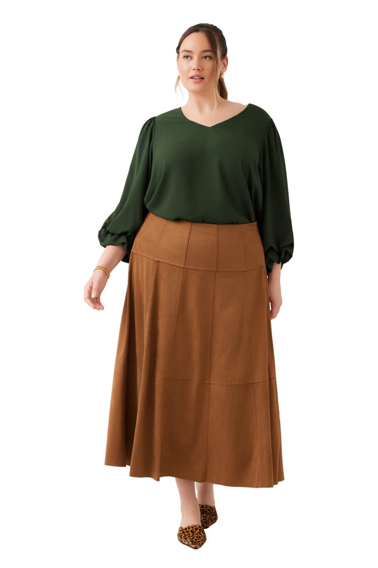 Tiered Faux Suede Midi Skirt, Alternate, color, CAMEL