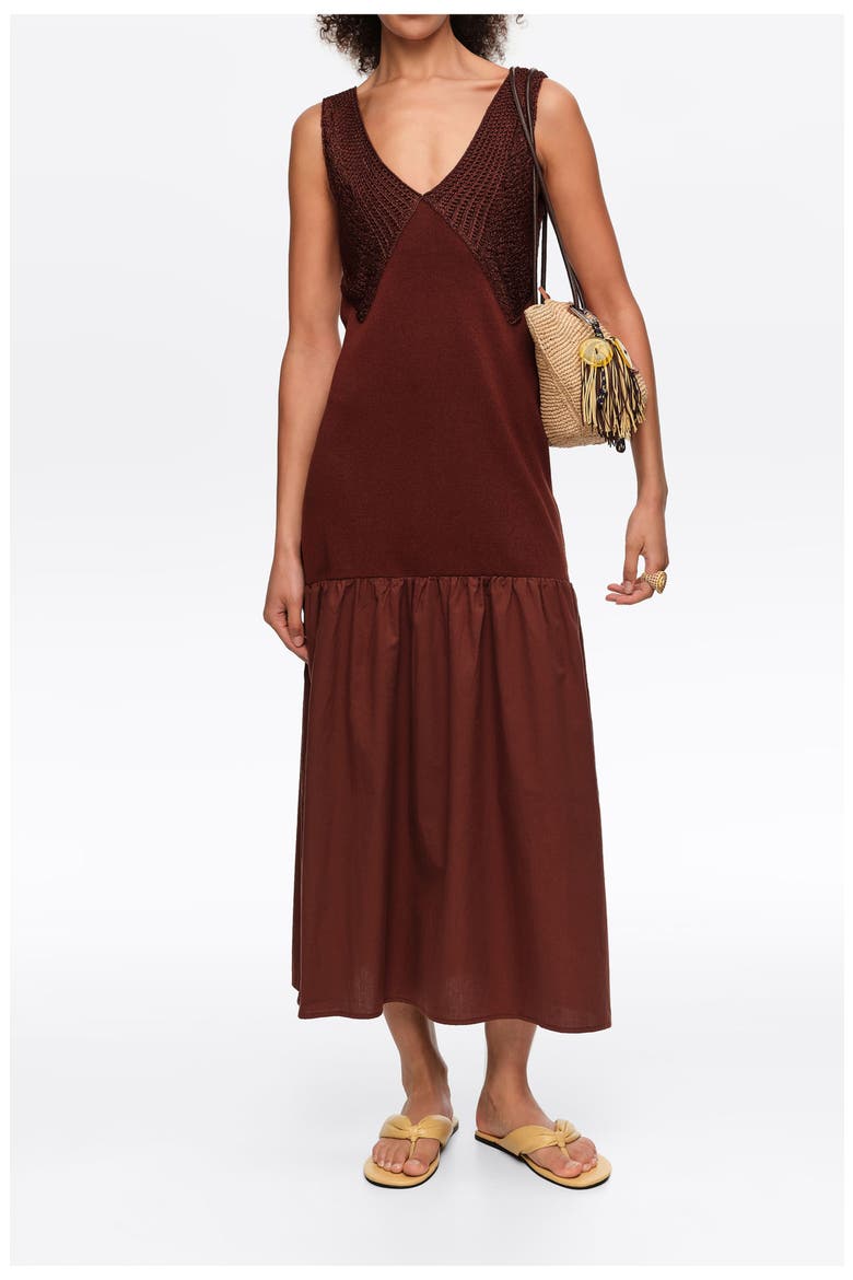 Two-Material A-Line Knit Dress, Alternate, color, BROWN