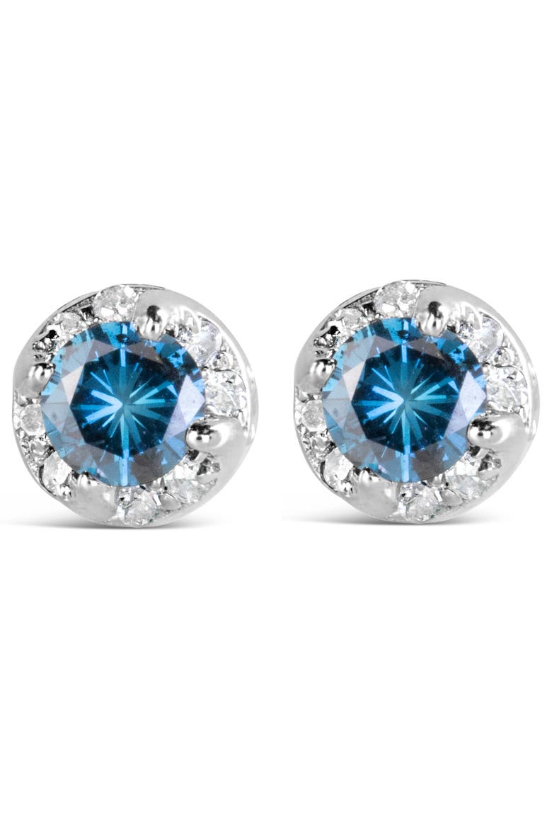 14K White Gold 1.00 Ct Blue and White Diamond Hidden Halo Stud Earrings, Alternate, color, White