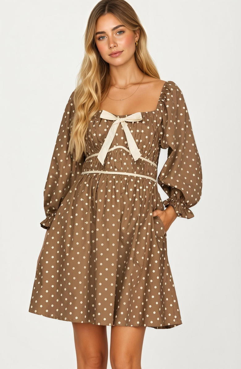 Knit and Lounge Polka Dot Puff Sleeve Bow Detail Mini Dress, Main, color, Brown / Cream Polka Dot