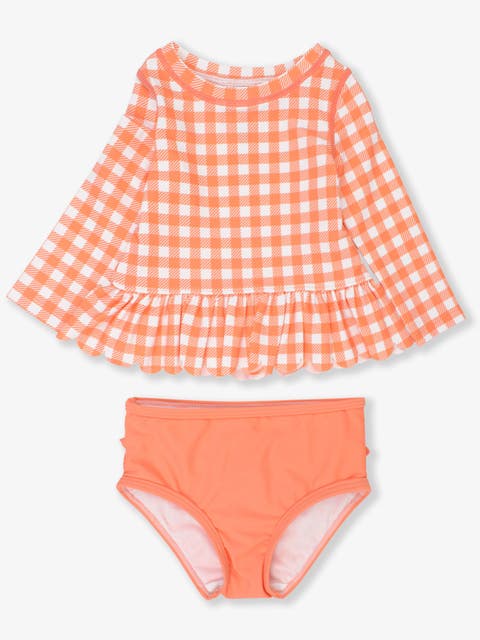 Girls UPF50+ Sun Protected Scallop Hem Long Sleeve Rash Guard Bikini