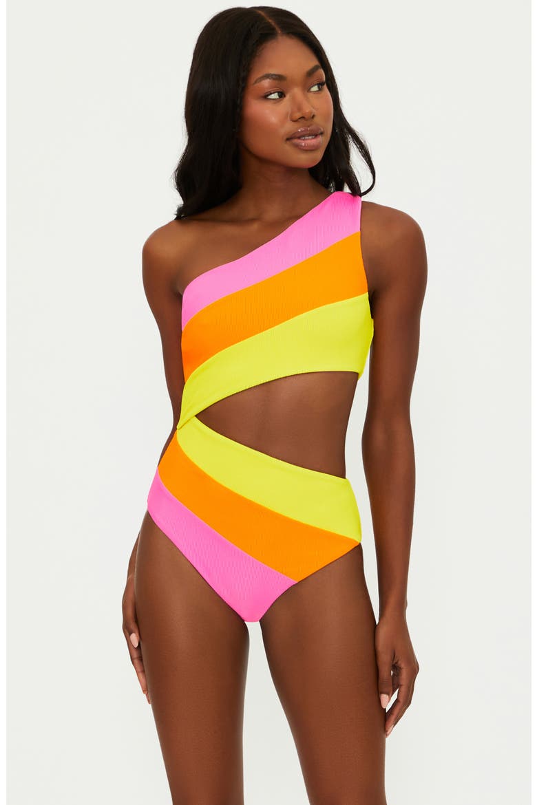 Joyce Stripe Cutout One-Shoulder One-Piece Swimsuit, Alternate, color, SOLEIL COL