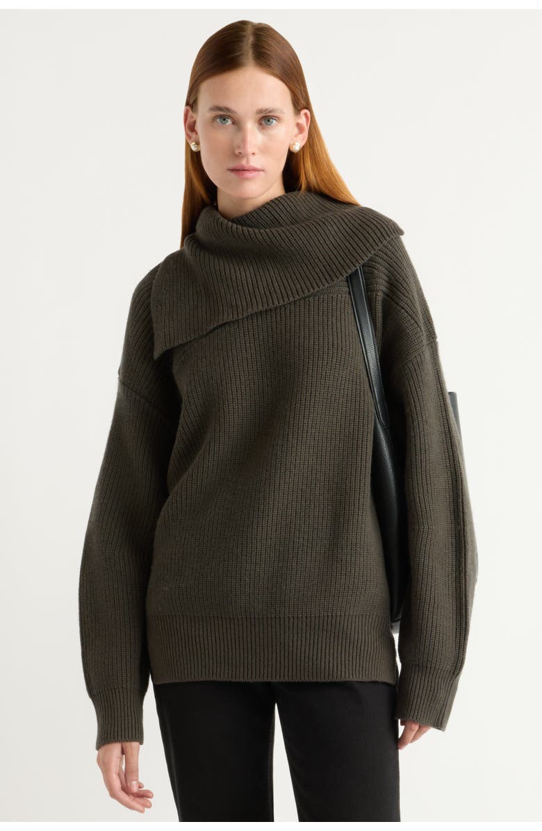 Modern Citizen Ezra Organic Cotton-Wool Foldover-Collar Sweater, Main, color, Green Umber
