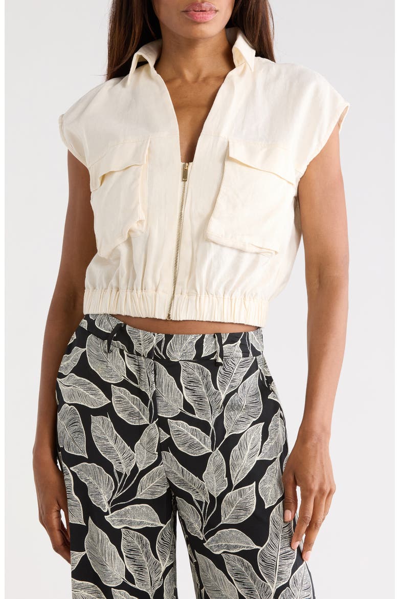 Zip Front Linen Blend Crop Top, Main, color, NATURE