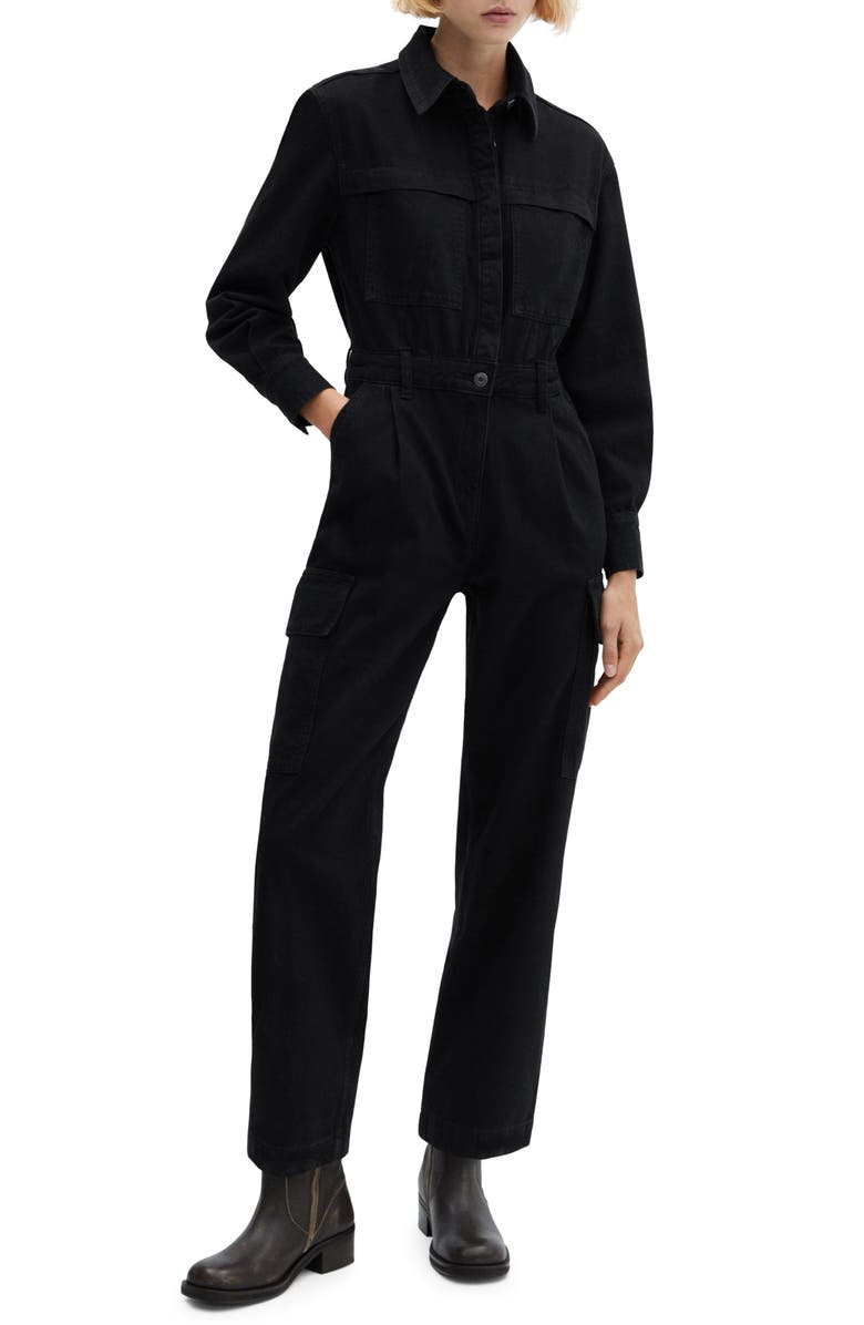 MANGO Long Sleeve Denim Cargo Jumpsuit, Main, color,