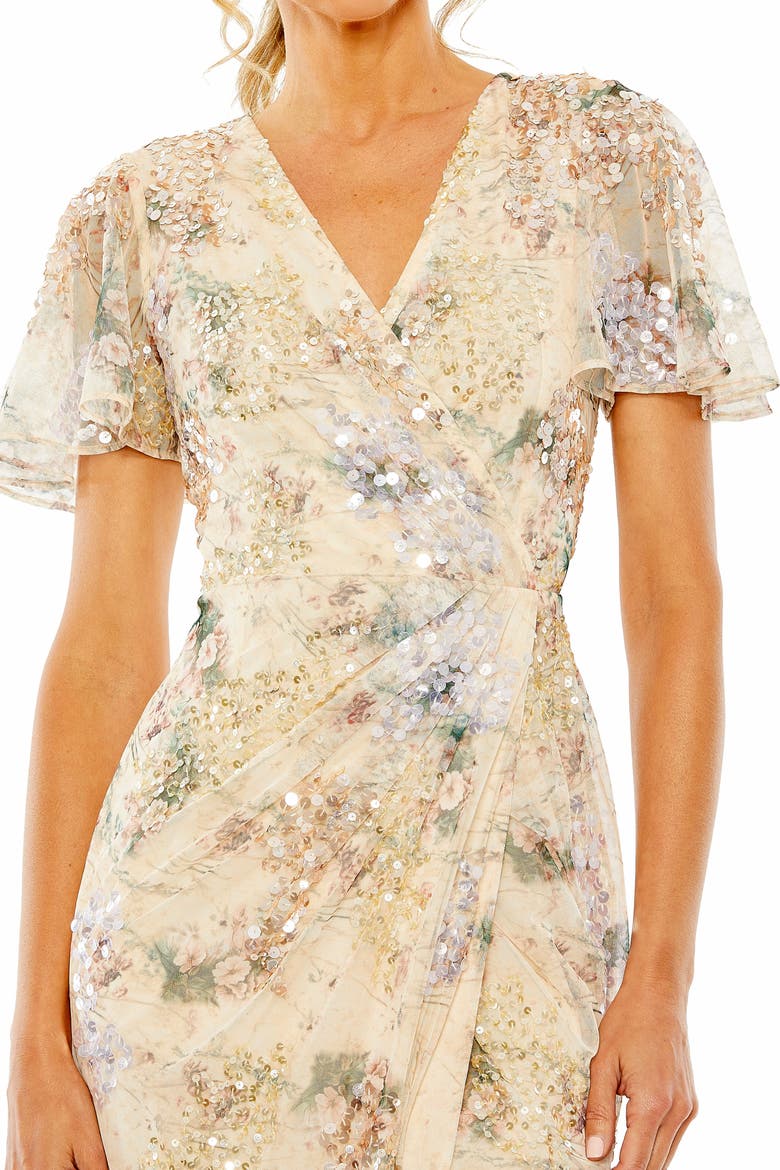 Embellished Butterfly Sleeve Faux Wrap Gown, Alternate, color, Champagne