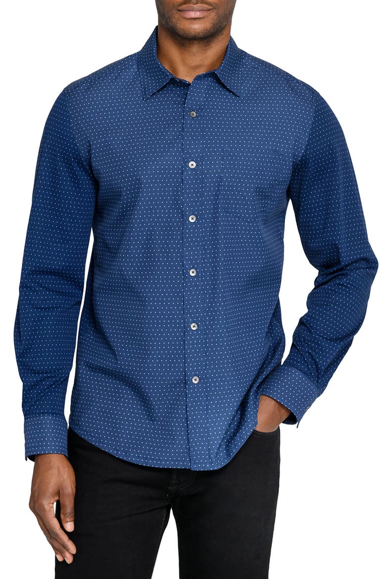 Reworked Slim Fit Micro Geo Print Cotton Button-Up Shirt, Main, color, NAVY