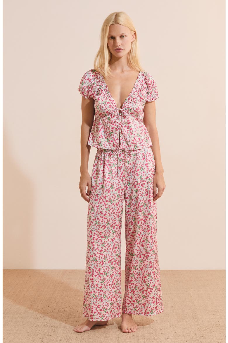Feuilline Print Short Sleeve Pajama Top, Alternate, color, IMP FOND ROSE