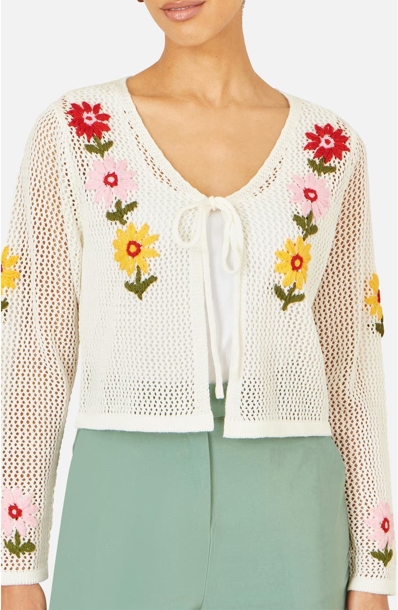 Yumi Crochet Embroidered Flower Cardigan, Alternate, color, Ivory