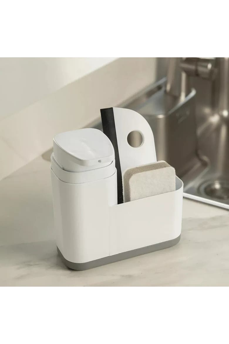 19 oz Clear Plastic Dish Soap Dispenser with Extended Sponge Holder and Drip Tray, Alternate, color, White