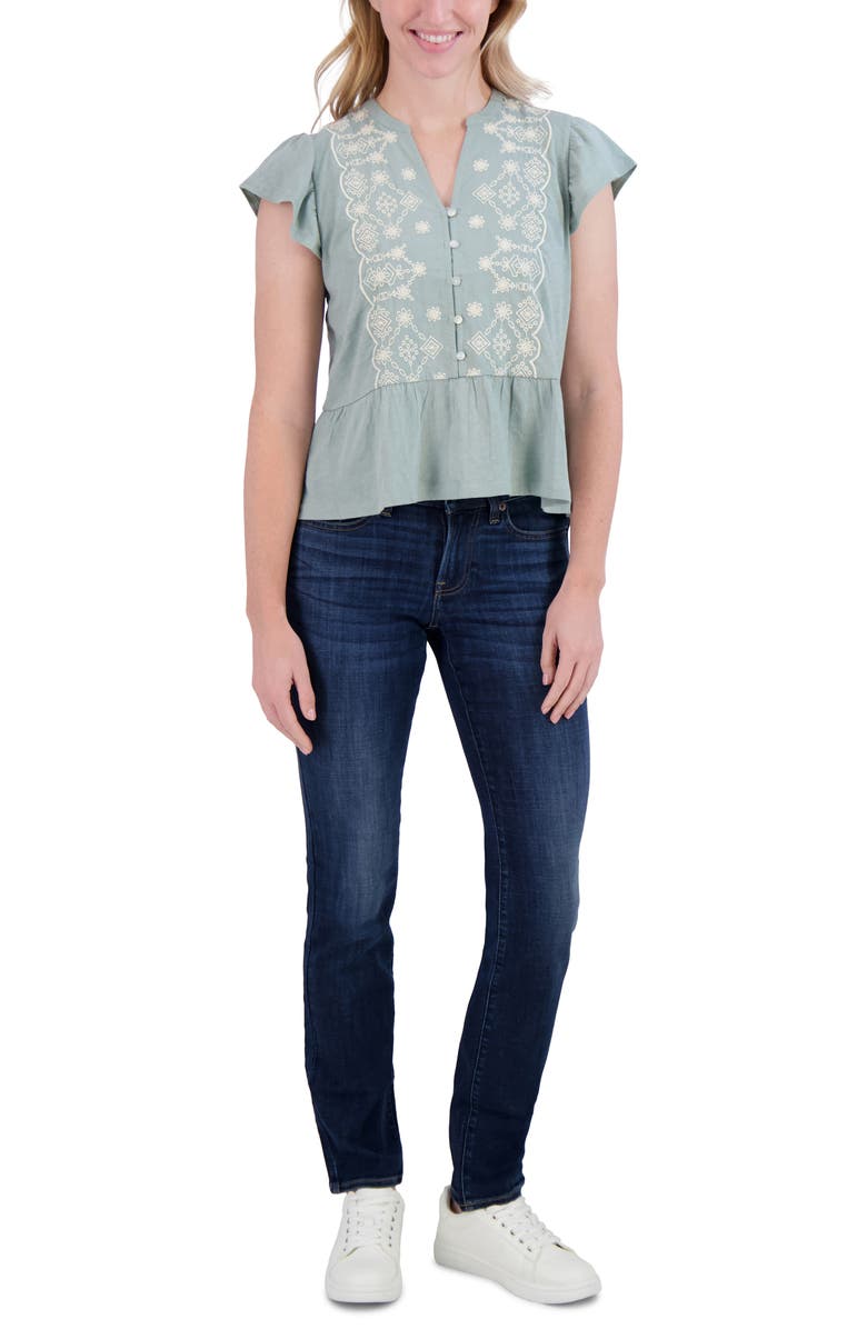 Lucky Brand Embroidered Flutter Sleeve Cotton Top, Alternate, color, Sage