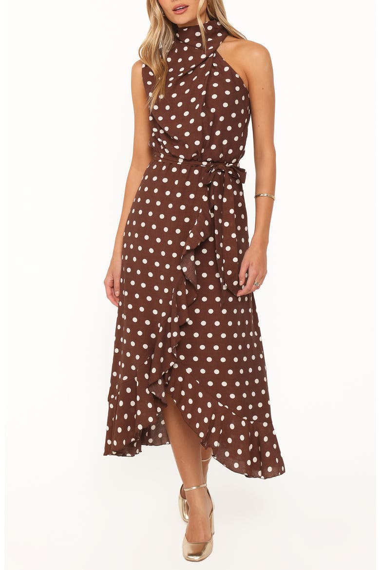 Olana Polka Dot Midi Dress, Main, color, BROWN POLKA DOT