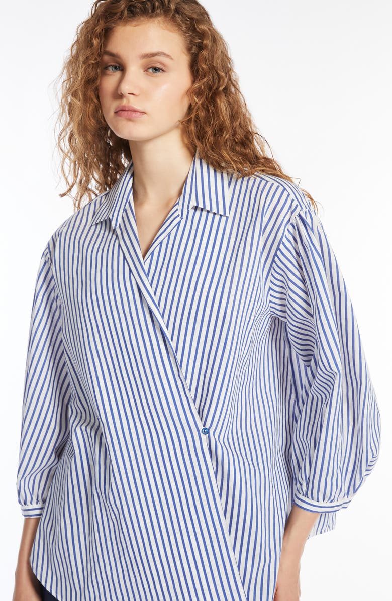 Weekend Max Mara Ceci Stripe Tie Waist Cotton & Silk Shirt, Alternate, color, Cornflower Blue