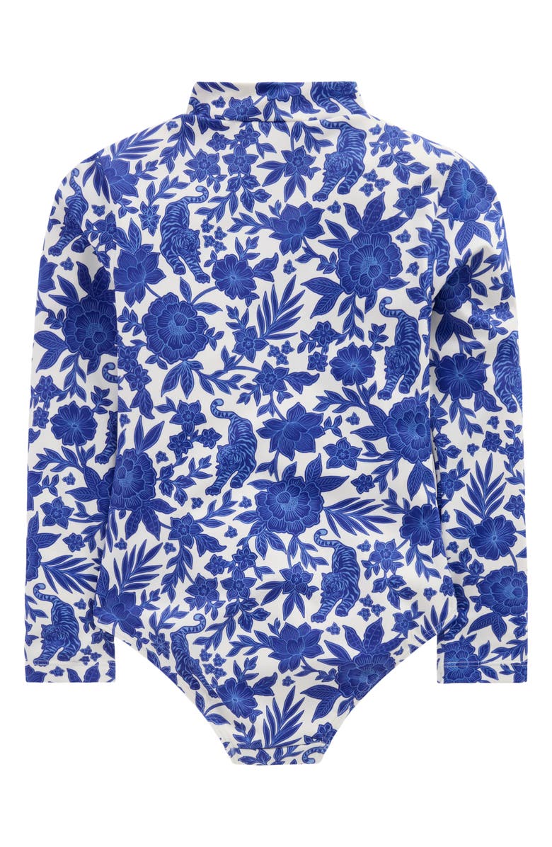 Mini Boden Kids' Long Sleeve One-Piece Rashguard Swimsuit, Alternate, color, Surf The Web Jungle Woodblock