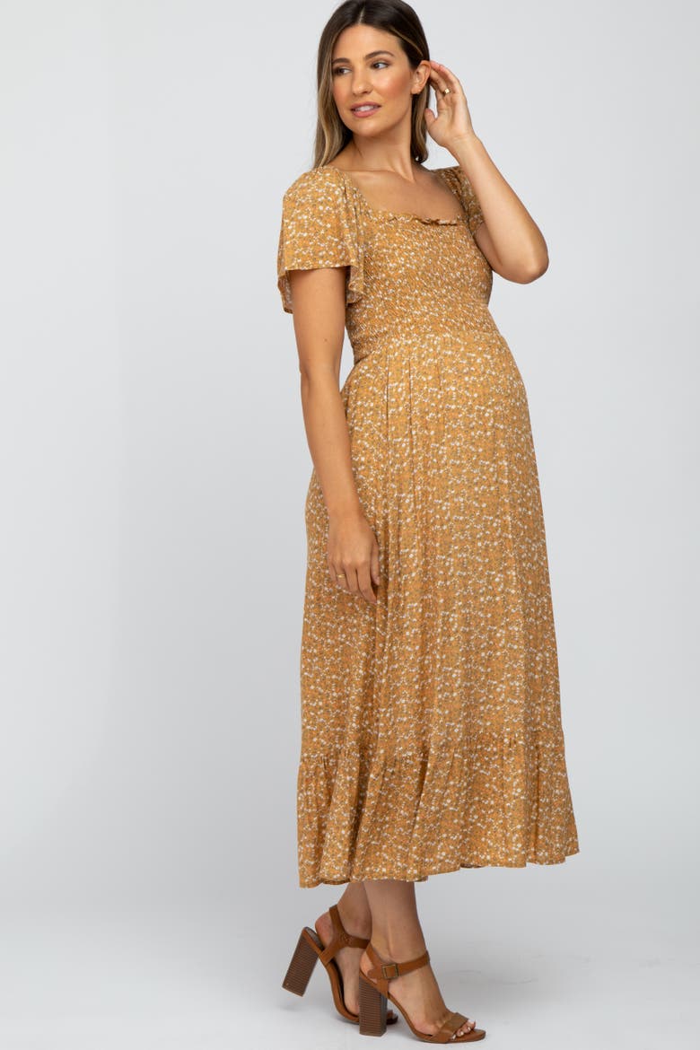 Floral Smocked Maxi Dress, Alternate, color, Gold