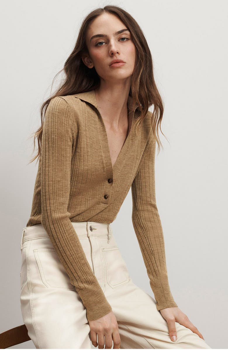 Veronica Beard Rouni Johnny Collar Wool Sweater, Alternate, color, Dark Khaki