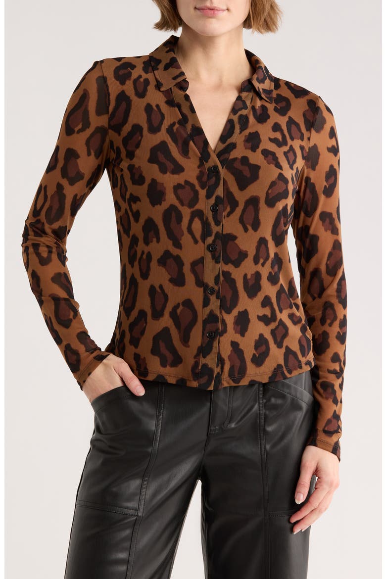 Long Sleeve Mesh Button-Up Shirt, Main, color, BRONZED FELINE BROWN