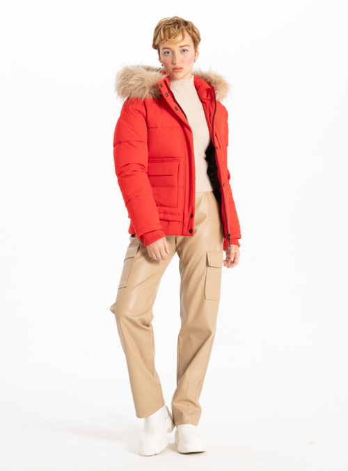 Point Zero Removable Hood & Fur Bomber In Red