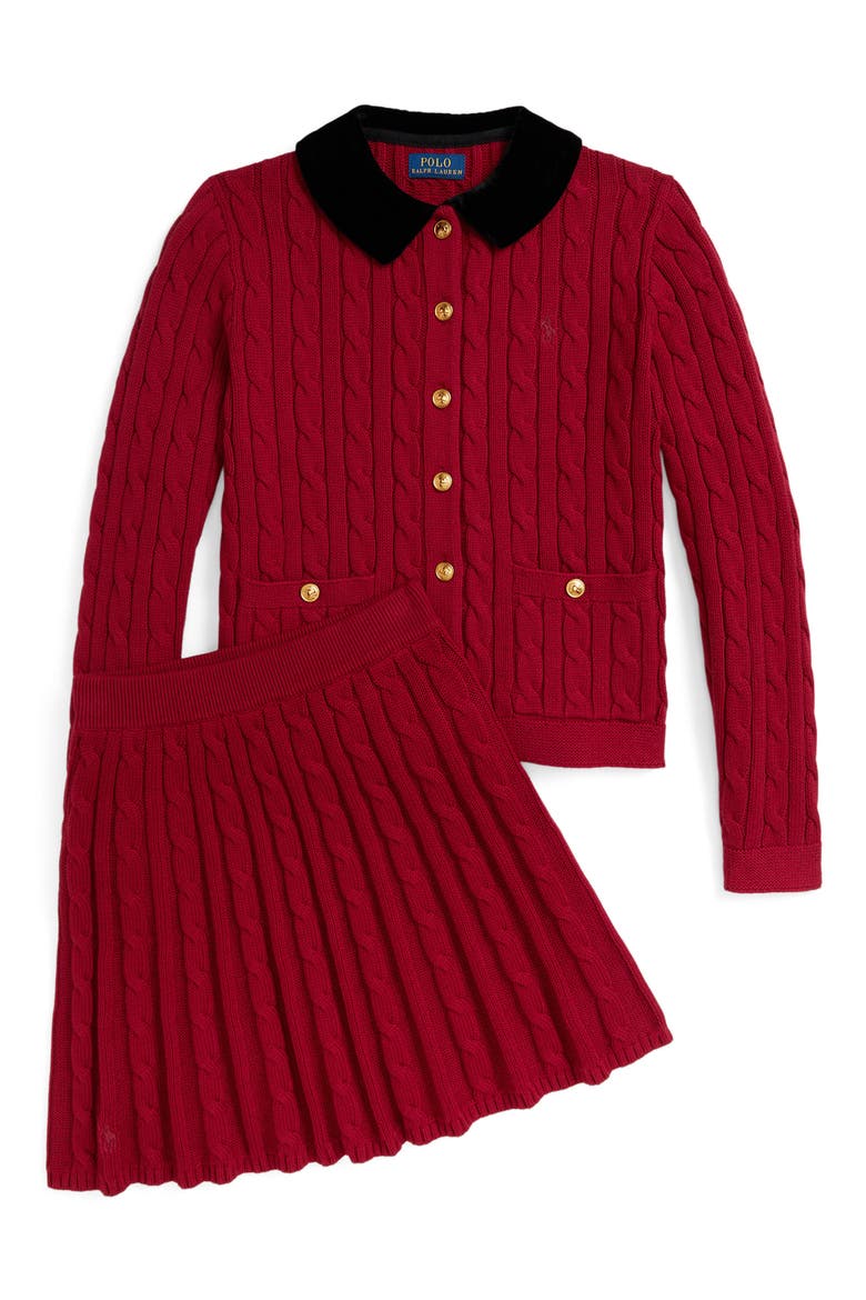Kids' Velvet Trim Cotton Cable Knit Cardigan, Alternate, color, RED