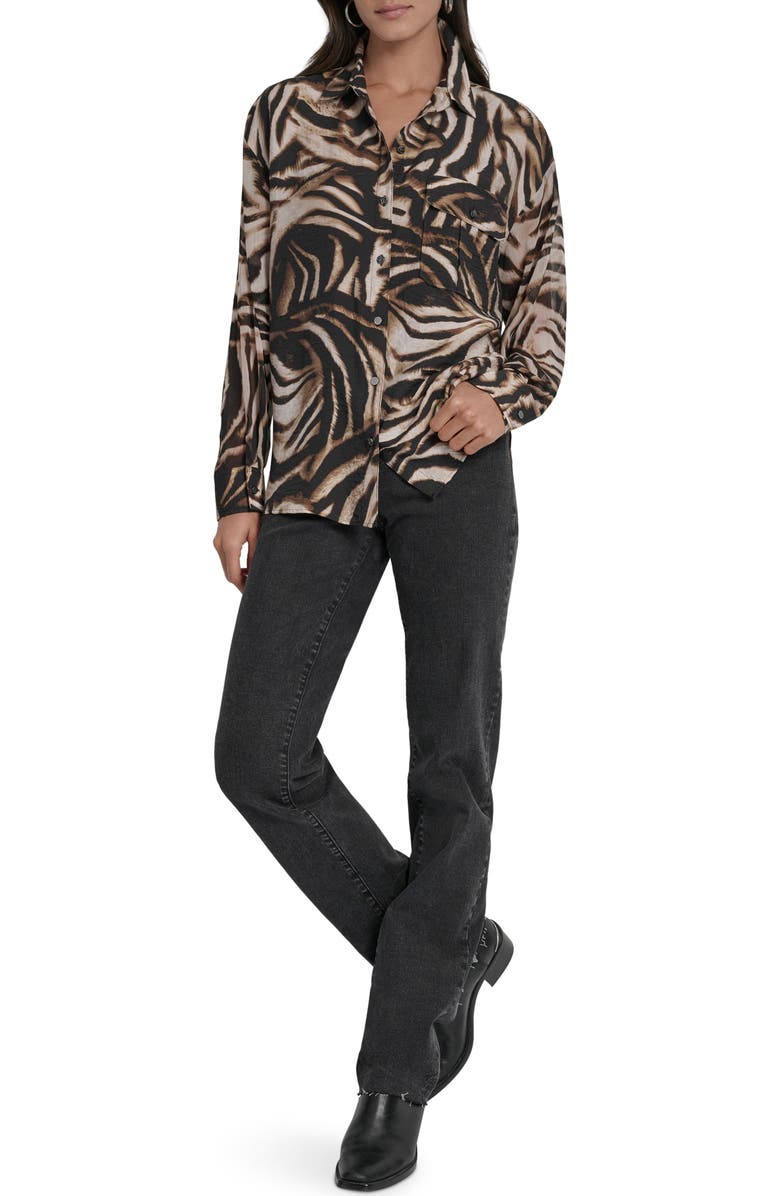 DKNY Printed Rumple Button-Up Shirt, Alternate, color, Black/ Brown Blurred Print