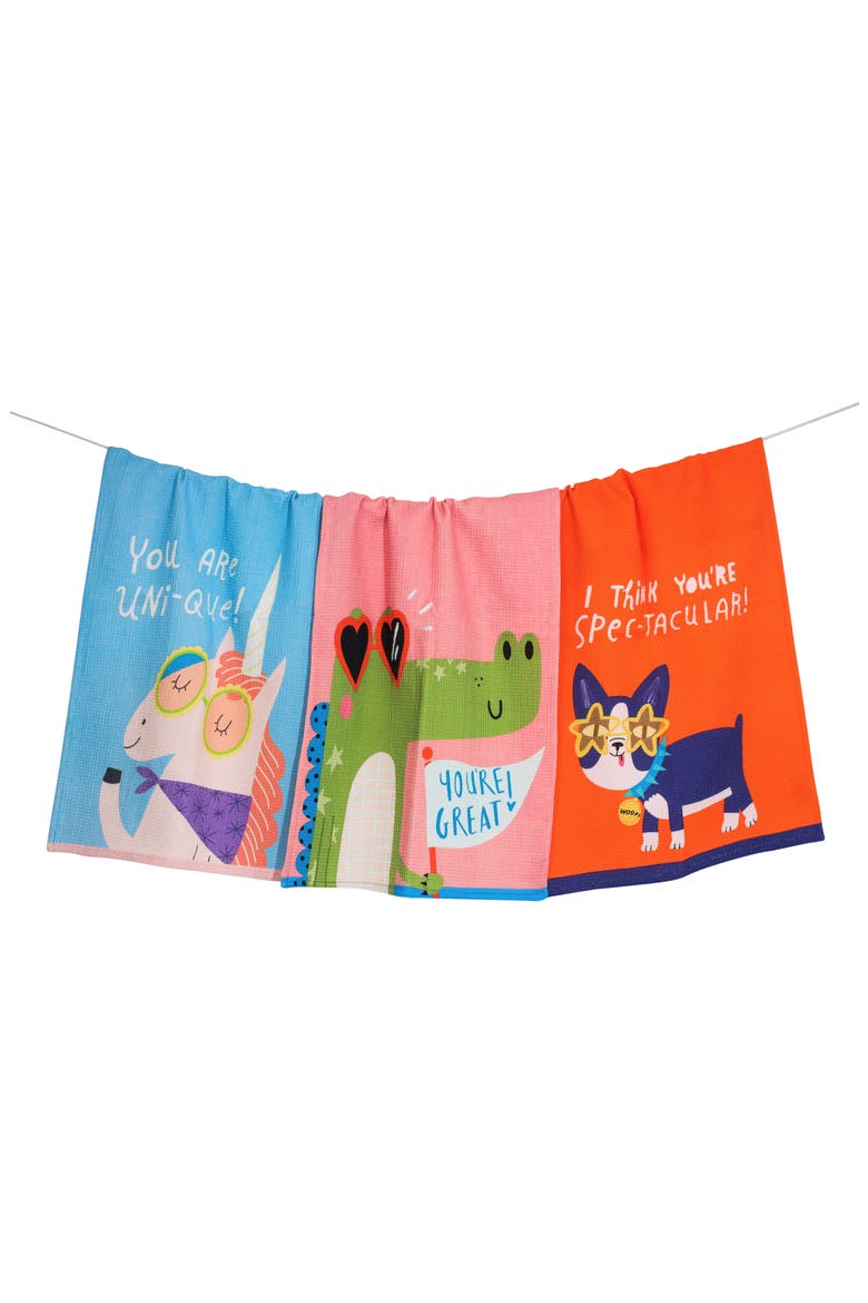 Set of Three Whimsical Wonders Kitchen Towels, Main, color, COBALT/ FUCHSIA/ CLEAR
