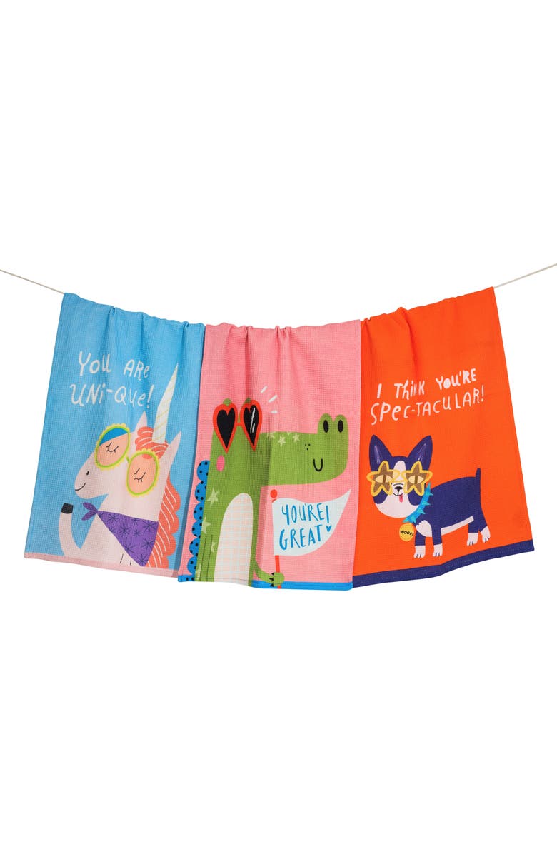 Tiramisu Set of Three Whimsical Wonders Kitchen Towels, Main, color, Cobalt/ Fuchsia/ Clear