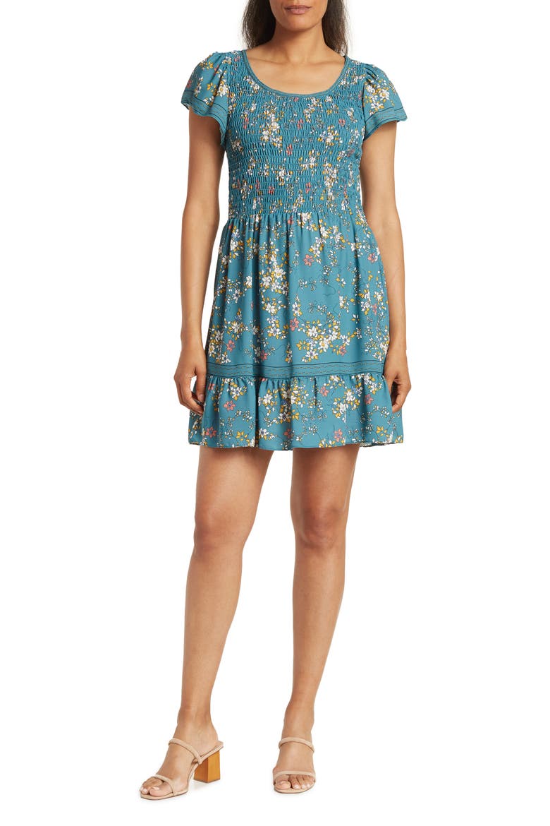 Smocked Floral Print Mini Dress, Main, color, SOFT TEAL CLIMBING JASMINE