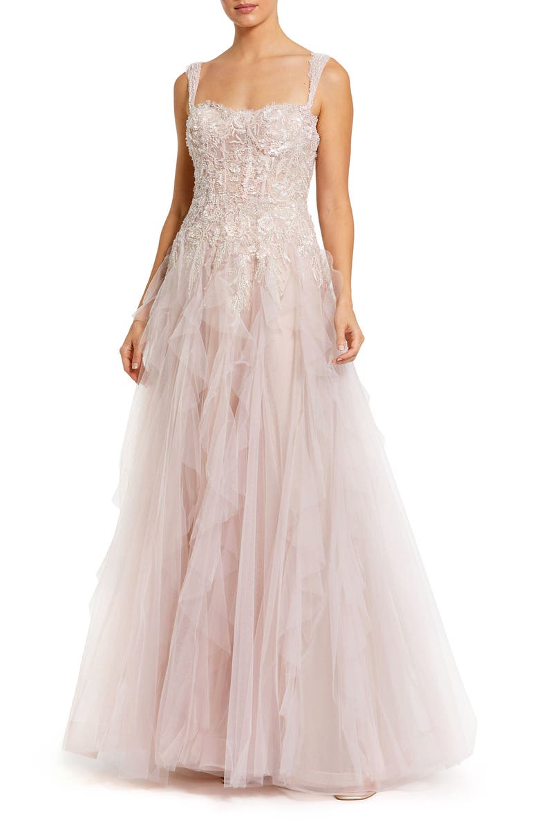 Mac Duggal Thin Strap Bustier Tulle Gown With Ruffle Skirt, Main, color, Porcelain Multi