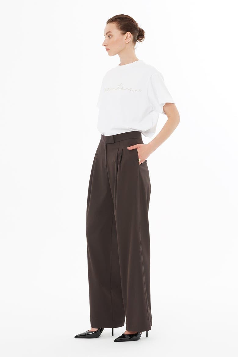 Front Pleated Brown Tailored Wide-Leg Trousers, Alternate, color, Brown