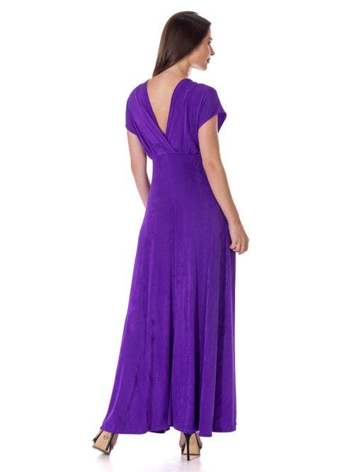 24seven Comfort Apparel Womens Flutter Sleeve Metallic Knit Maxi Dress Front Slit Empire Waist In Purple
