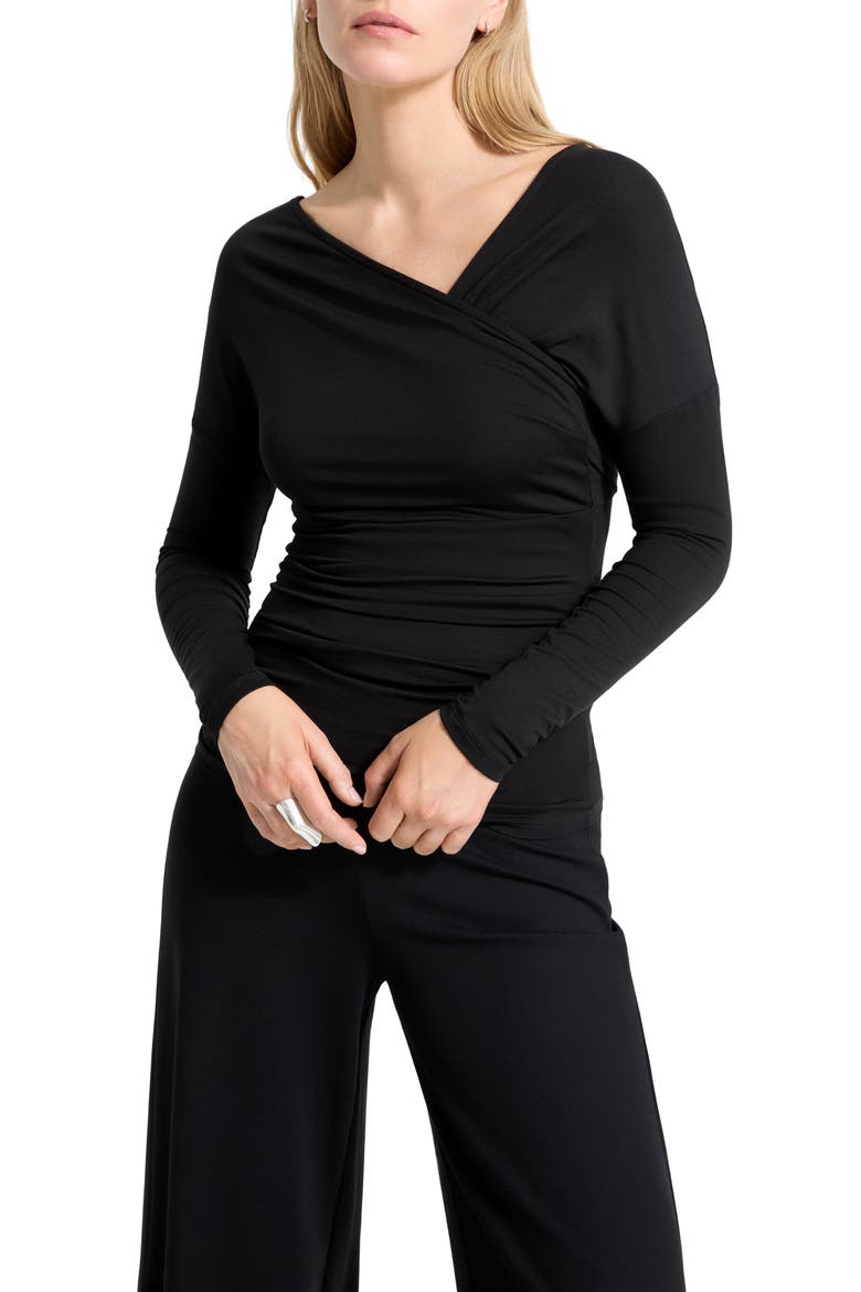 Jisoo Ruched Surplice Neck Jersey Top, Main, color, BLACK