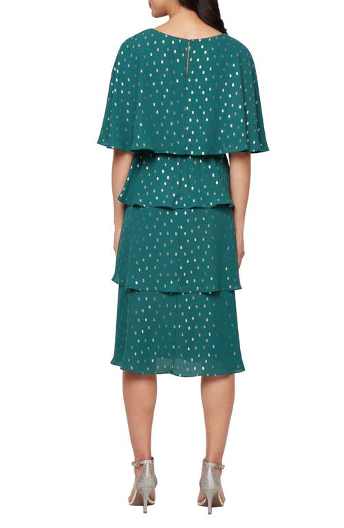 Sl Fashions Metallic Foil Dot Tiered Chiffon Cocktail Midi Dress In Green
